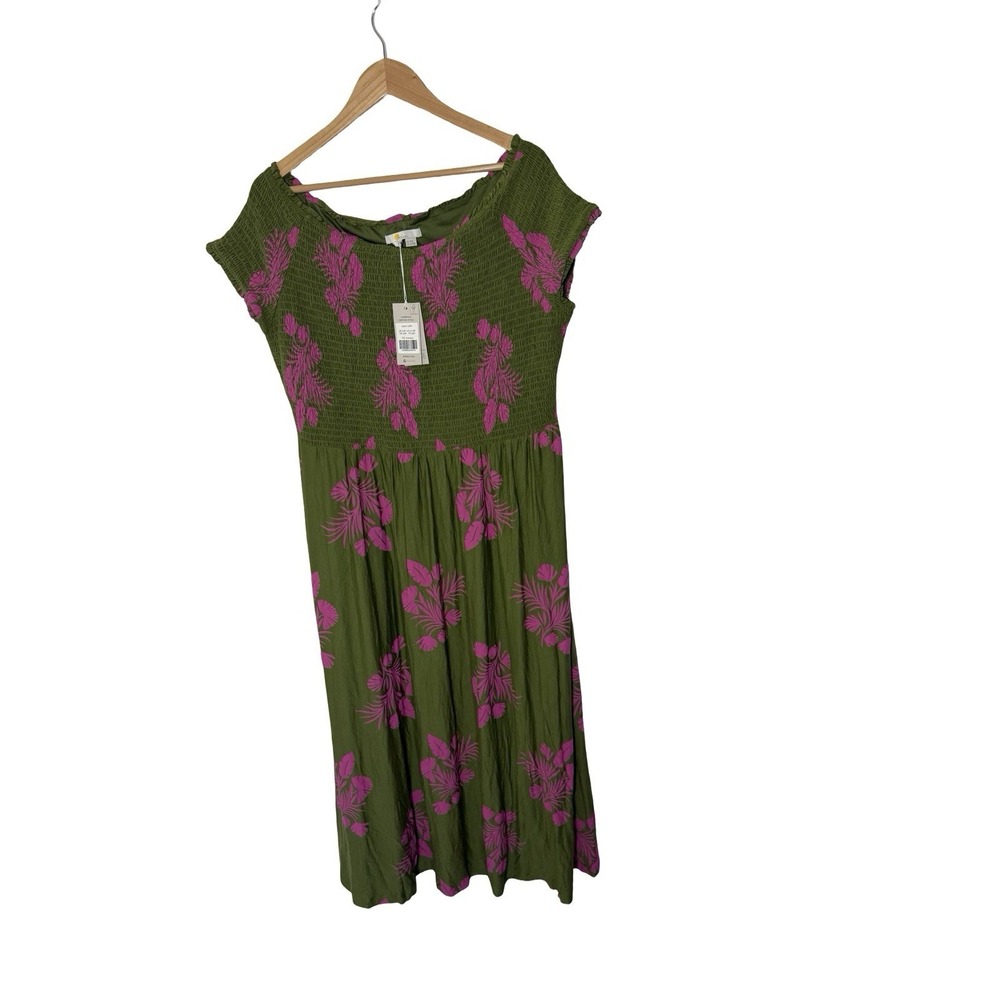 Boden Midi Dress Smocked Bodice Off Shoulder Green pink‎ leaf J0897 US 16-18R